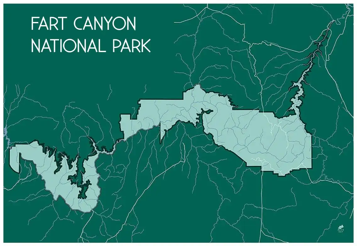 A stylized map with a dark green background and light blue highlighted areas resembling a national park. White text in the…