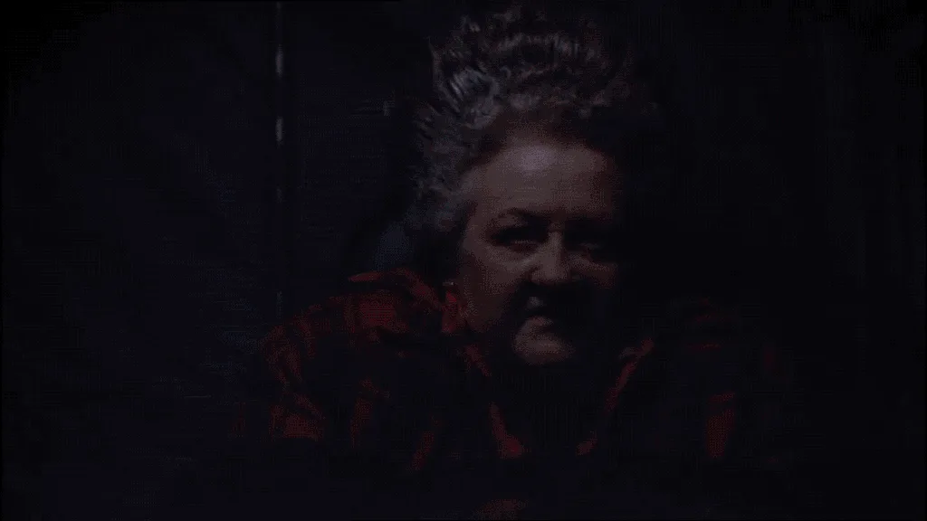 The image shows a split-screen sequence from a movie. Top row: a woman in a red plaid shirt progressively transforms into a…