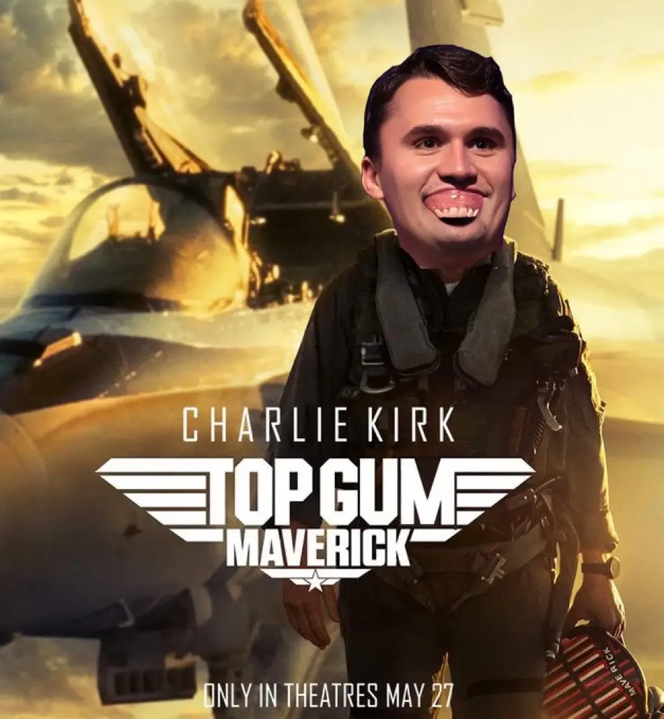 A digitally altered movie poster features a man with a large, distorted head superimposed over a fighter pilot in front of a…