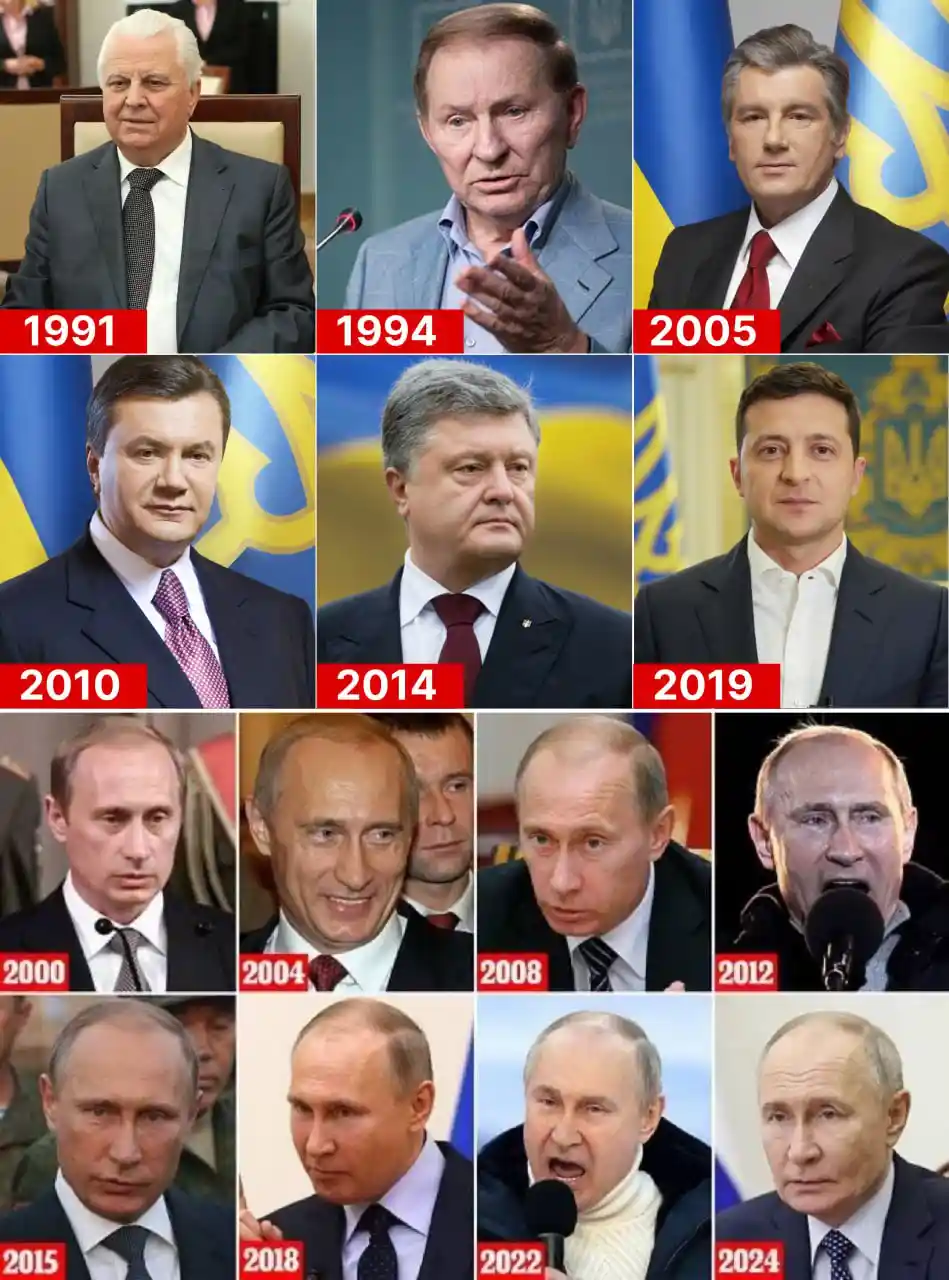 A grid of 16 photos shows different Ukrainian and Russian leaders from 1991 to 2024, each labeled with a year. The top row…