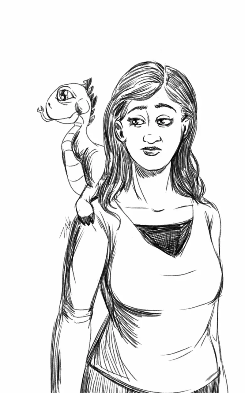 A black-and-white sketch shows a woman with long hair and a neutral expression, wearing a tank top. A small, cartoonish…