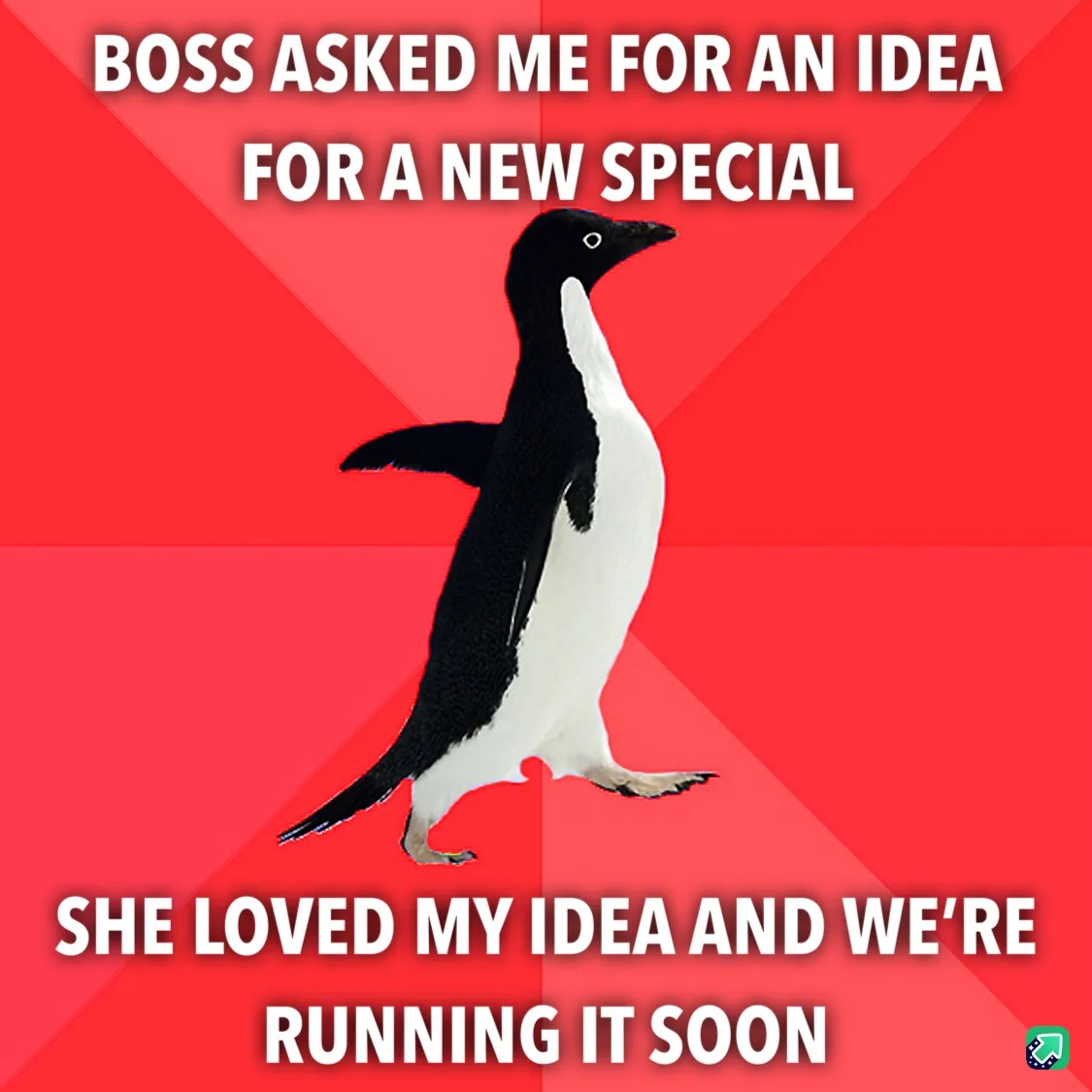 A black-and-white penguin stands against a red background with diagonal stripes. The text at the top reads 'BOSS ASKED ME…
