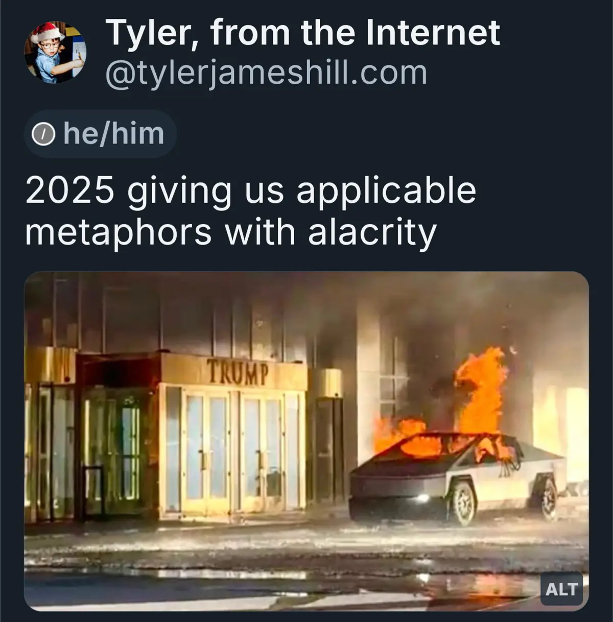 A screenshot of a social media post by 'Tyler, from the Internet' shows a photo of a Tesla Cybertruck on fire in front of a…