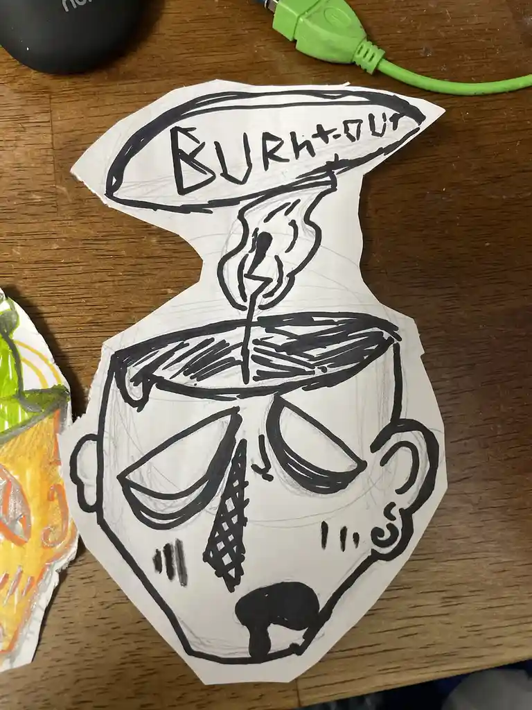 A hand-drawn, black-and-white cartoon of a person's face with a candle on their head, the candle's flame shaped like a…