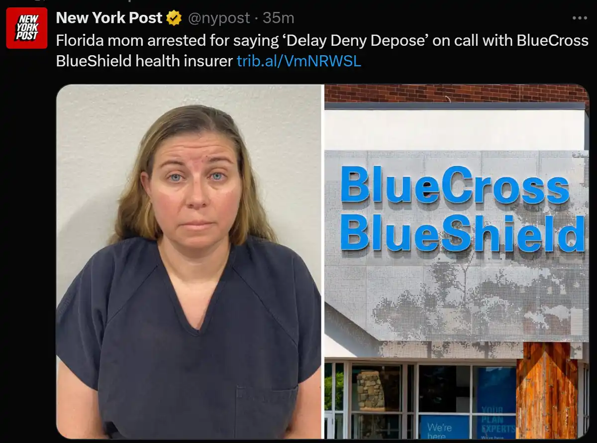 A split image shows a woman in a dark blue jail uniform on the left and a BlueCross BlueShield building sign on the right…