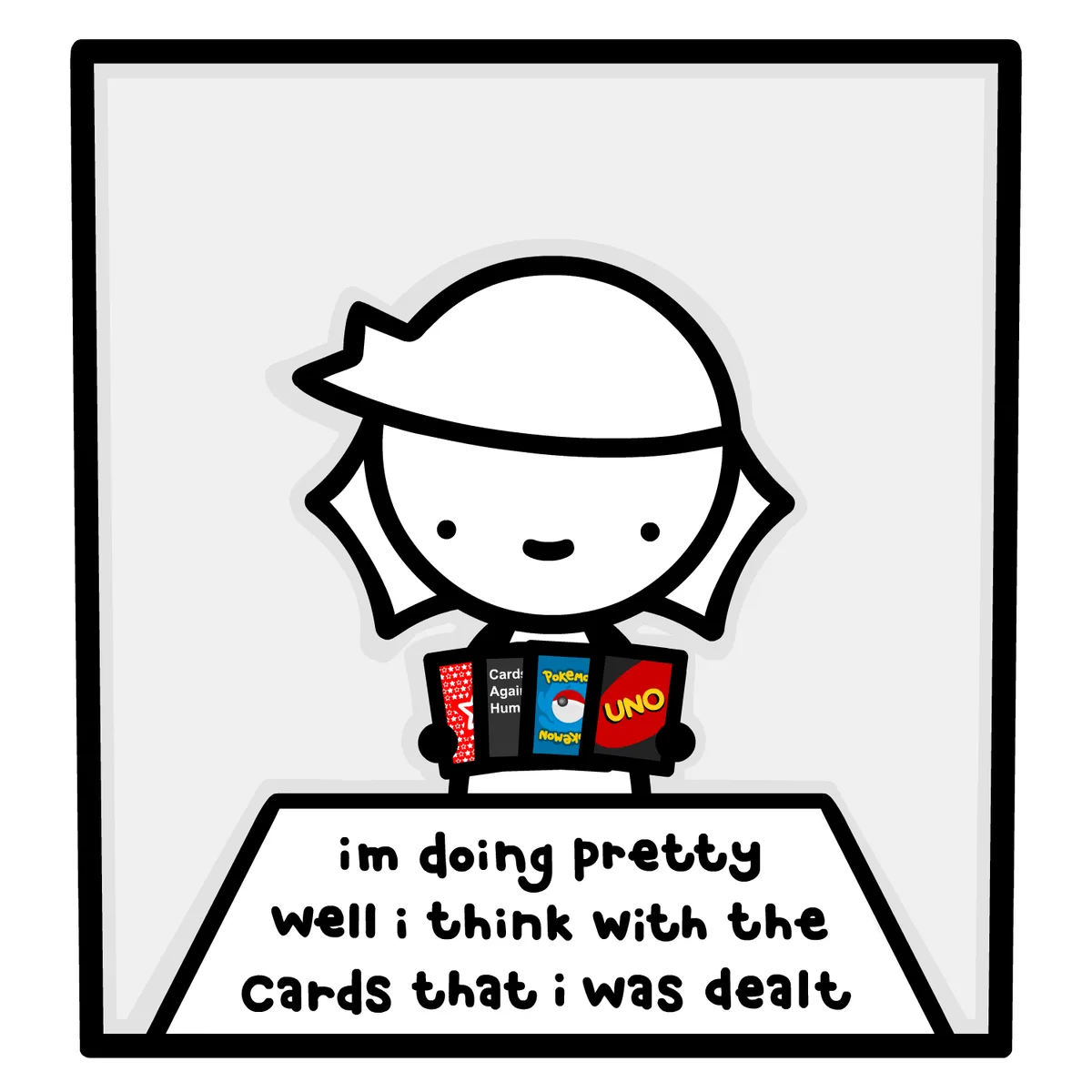 A simple cartoon character with a white hat and a calm expression holds up four different card game boxes: 'Cards Against…