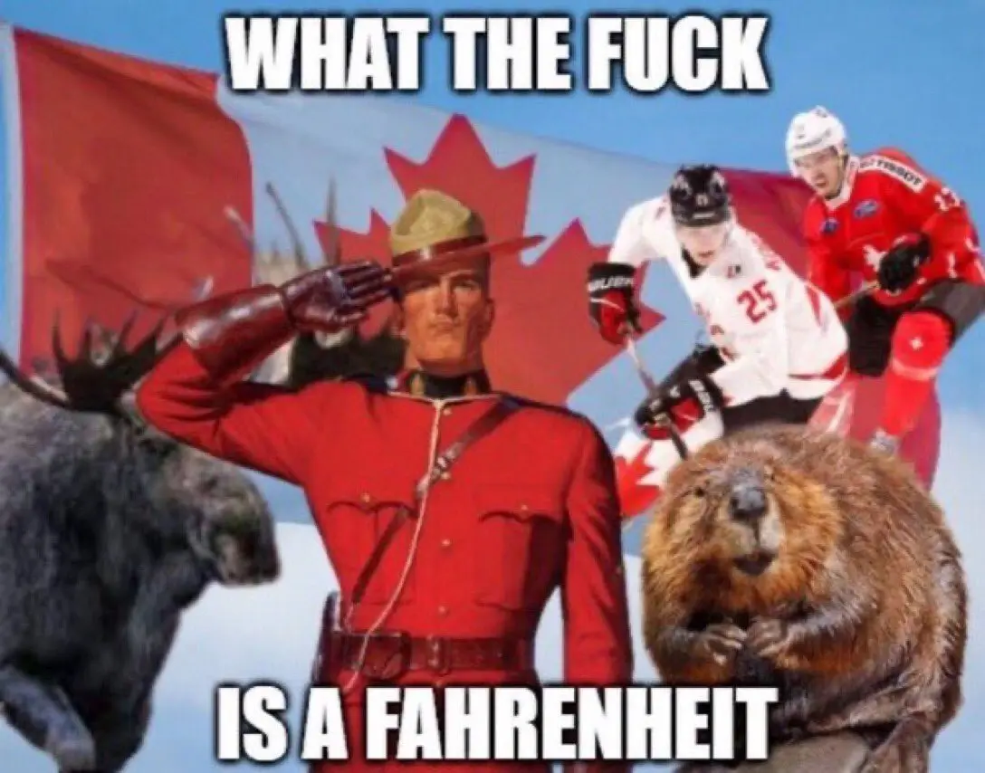 A composite image features a Canadian Mountie saluting in front of a Canadian flag, flanked by a moose on the left and a…