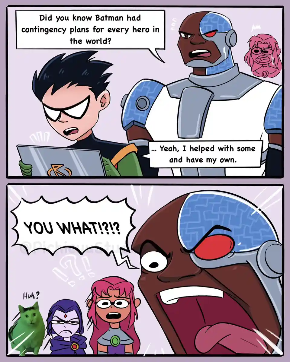 A two-panel comic featuring Teen Titans characters. In the first panel, Robin asks Cyborg if Batman had contingency plans…
