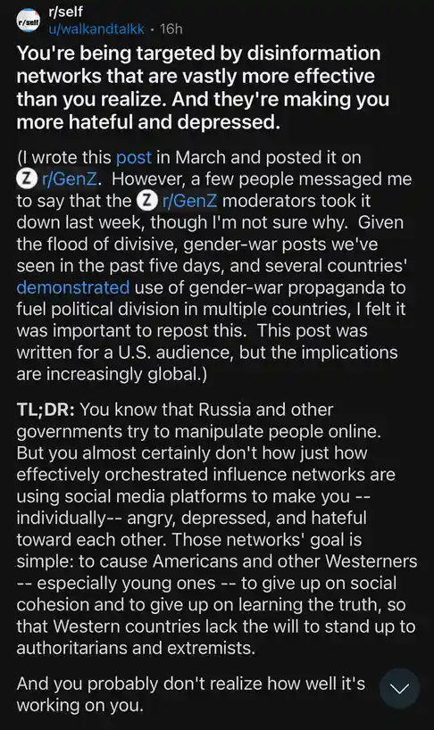 A screenshot of a Reddit post from r/self by user u/walkandtalkk, featuring white text on a black background. The post warns…