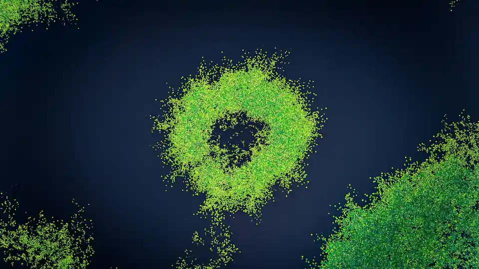 An aerial view of a dark body of water with bright green floating particles forming a large, incomplete circular shape with…