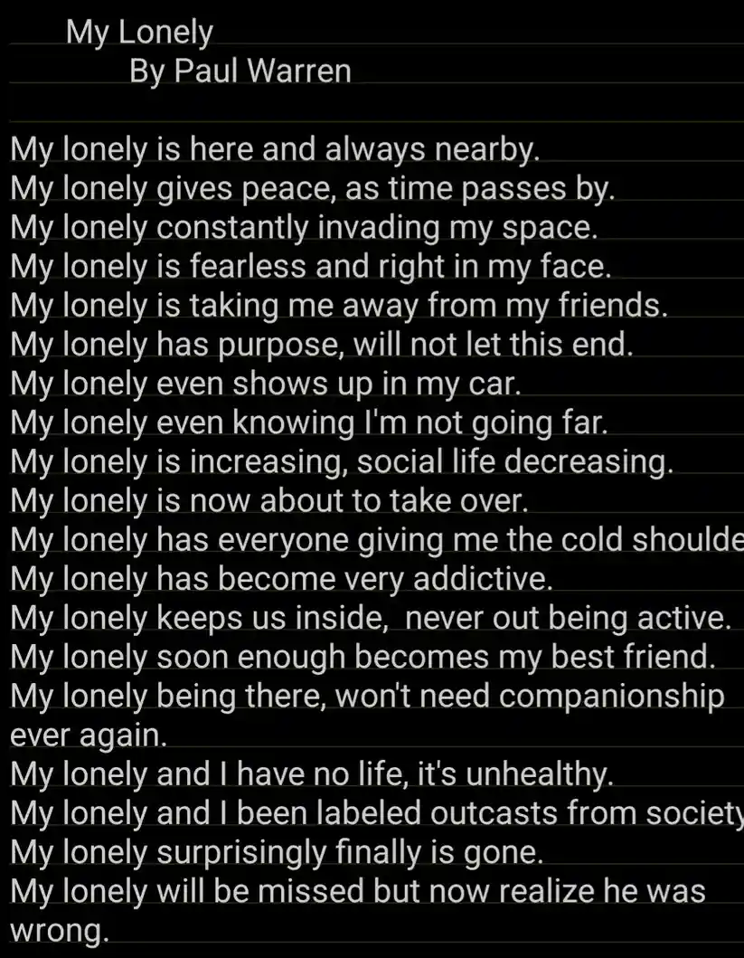 The image displays a poem titled 'My Lonely' by Paul Warren, written in white text on a black background with faint yellow…