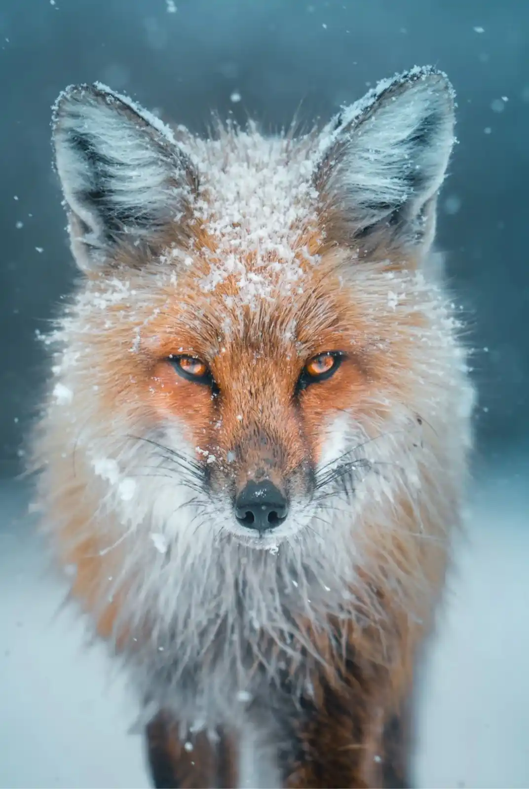 A close-up photograph of a red fox with snowflakes on its fur, looking directly at the camera with intense orange eyes. The…