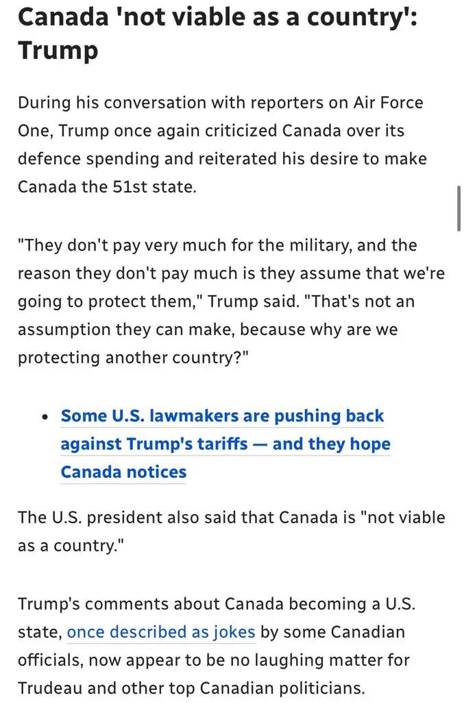 A screenshot of a news article detailing Donald Trump's controversial comments about Canada, including his claim that Canada…