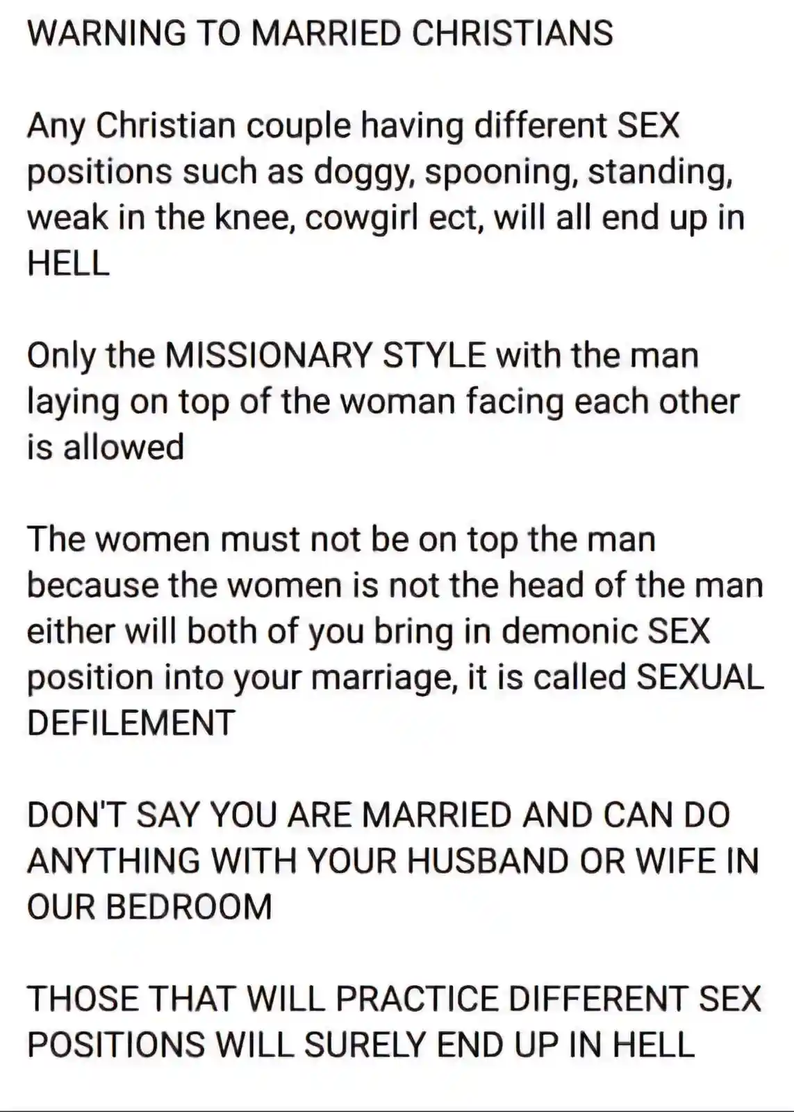 The image displays a white background with black text formatted as a 'warning' to married Christians. It lists rules about…