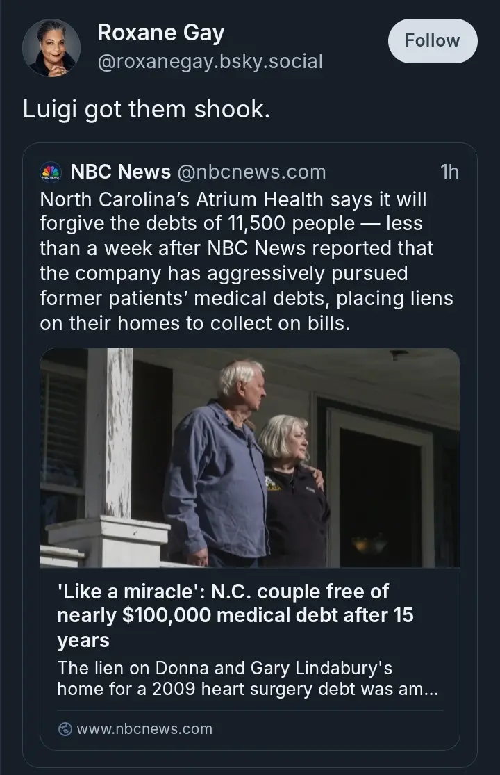 A screenshot of a tweet from Roxane Gay shows a news article about a North Carolina couple, Donna and Gary Lindabury, whose…