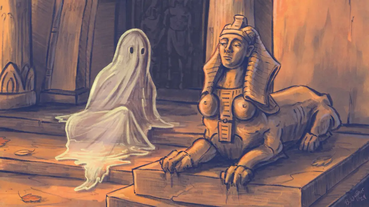A cartoonish ghost with two black eyes sits beside a reclining sphinx statue in an ancient Egyptian temple setting. The…
