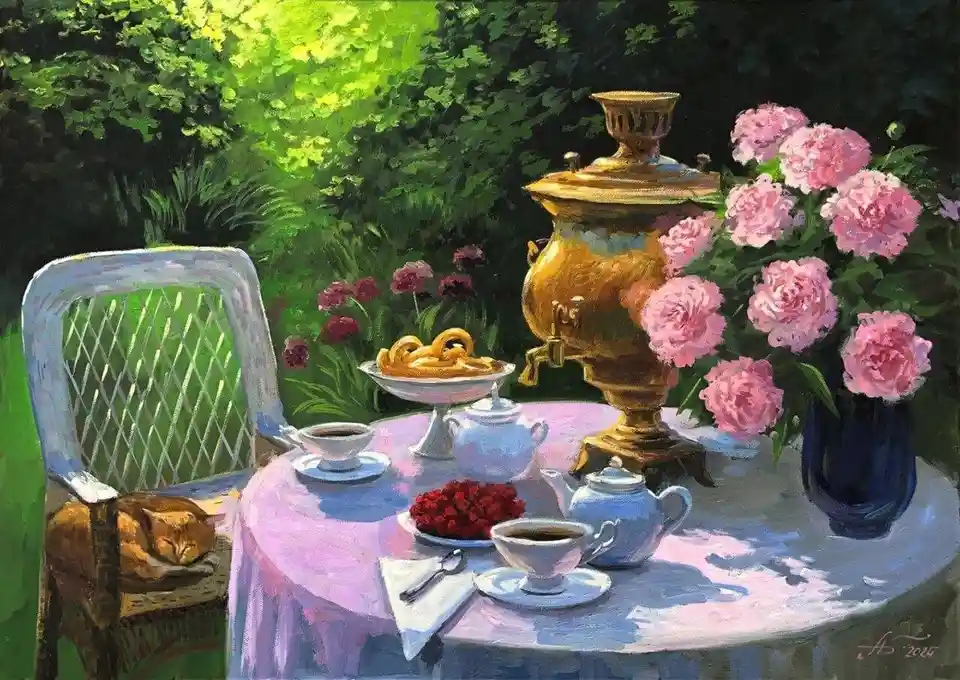 A serene painting depicts a garden table set for tea with a samovar, flowers, and pastries, while a cat sleeps soundly in a…