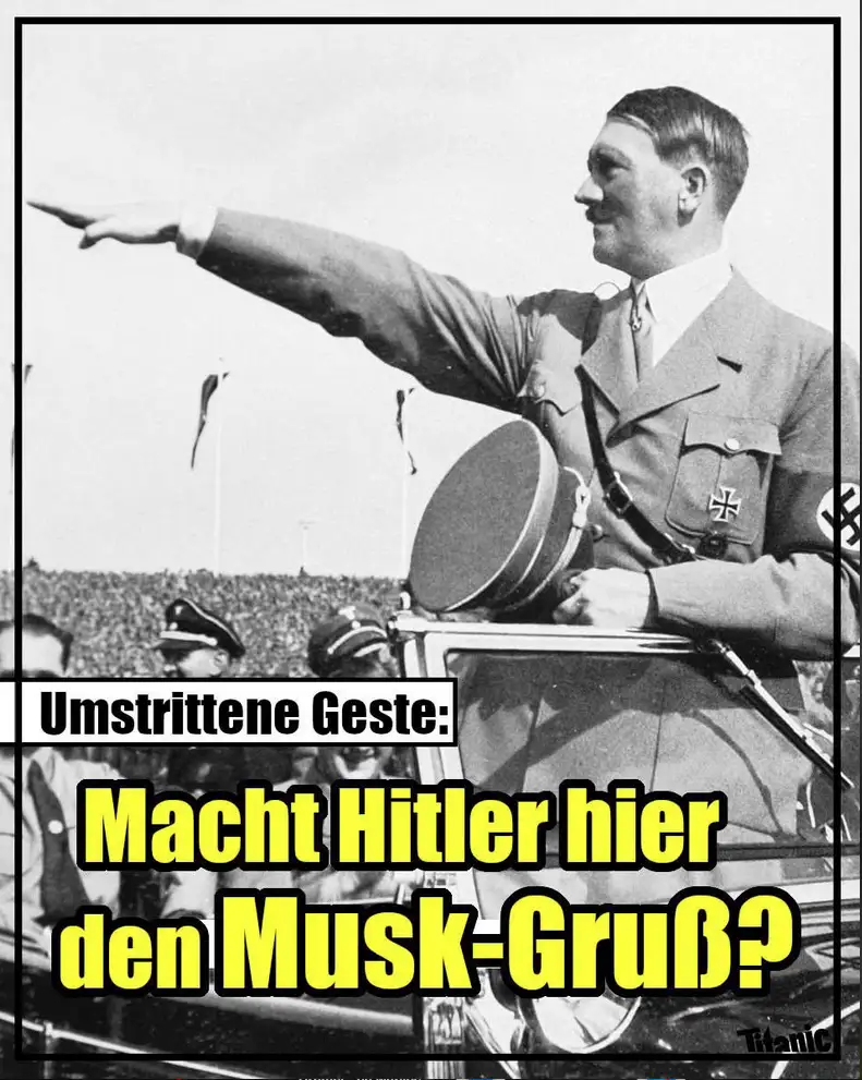 A black-and-white historical photo shows Adolf Hitler in a military uniform, standing in an open-top car and extending his…