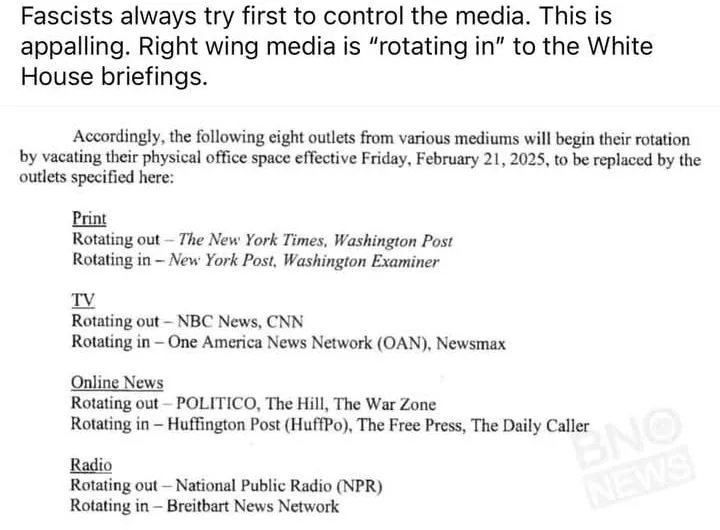 A screenshot of a satirical document titled 'Fascists always try first to control the media. This is appalling. Right wing…