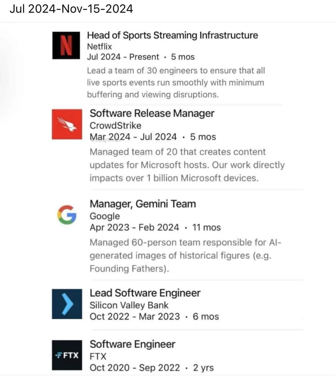 A screenshot of a resume or LinkedIn profile listing five recent job roles with companies like Netflix, CrowdStrike, Google…