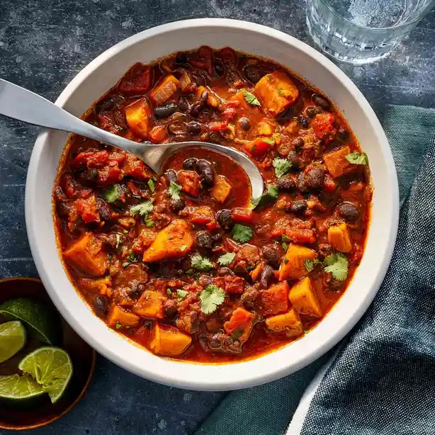 A top-down photo of a white bowl filled with hearty chili containing black beans, sweet potato chunks, and cilantro garnish…