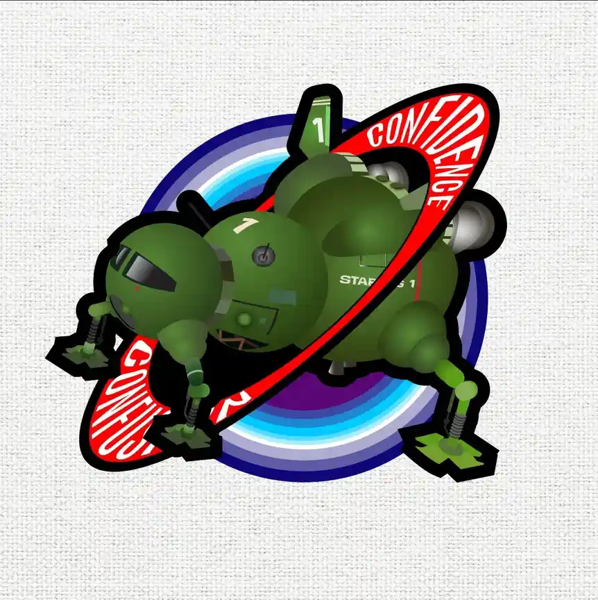 A green, segmented robot with a helmet and mechanical legs is depicted in a dynamic pose against a colorful circular…