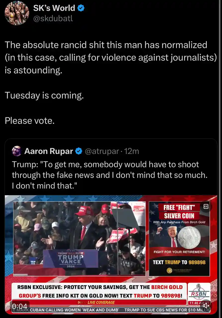 A screenshot of a tweet thread shows a video clip of Donald Trump speaking at a rally, with a 'TRUMP WILL FIX IT' podium and…