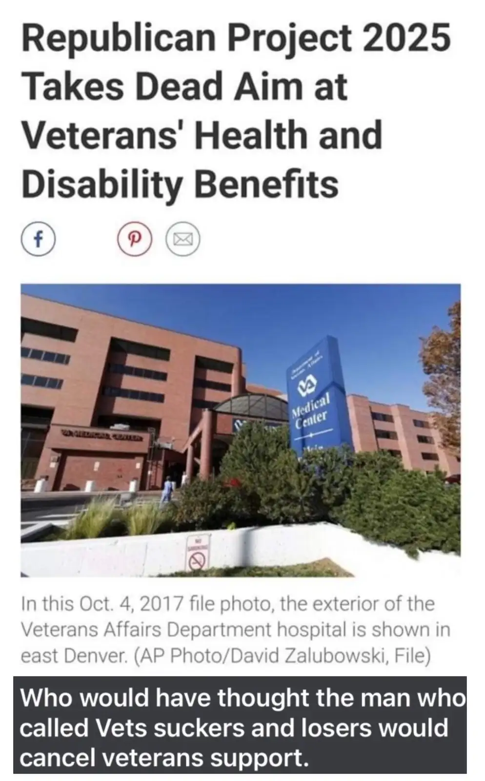 The image shows a news article headline about 'Republican Project 2025' targeting veterans' benefits, overlaid with a photo…