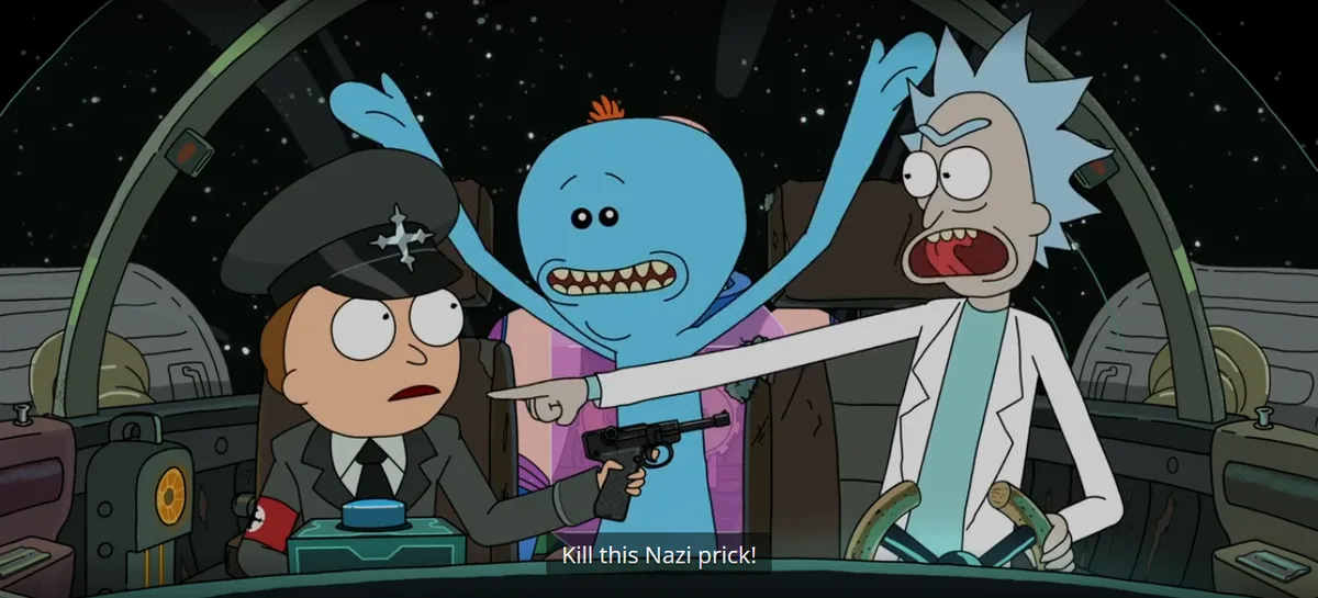In a spaceship cockpit, Rick Sanchez yells while holding a sword, pointing at a terrified Nazi officer who holds a gun. A…