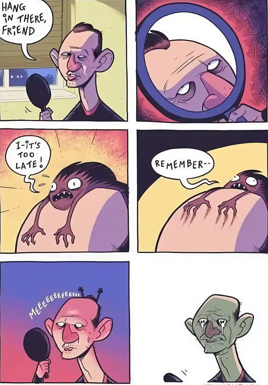 A six-panel comic strip shows a man with large ears holding a mirror and saying 'HANG IN THERE, FRIEND' while looking at his…