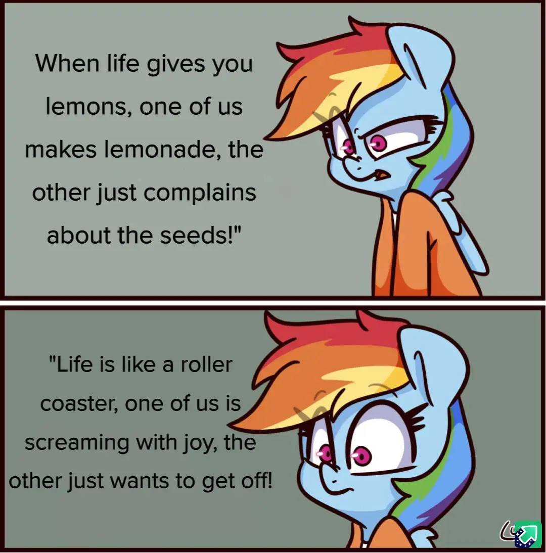A two-panel meme featuring the character Rainbow Dash from My Little Pony, shown in two different expressions. In the top…