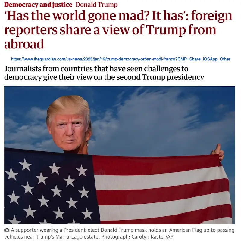 A person wearing a Donald Trump mask holds an American flag against a blue sky with clouds. The image is a screenshot of a…