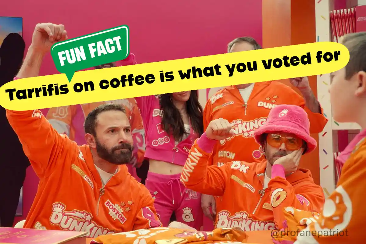 A still from the movie 'The Hangover' featuring Ben Stiller and Zach Galifianakis in orange Dunkin' Donuts branded jackets…