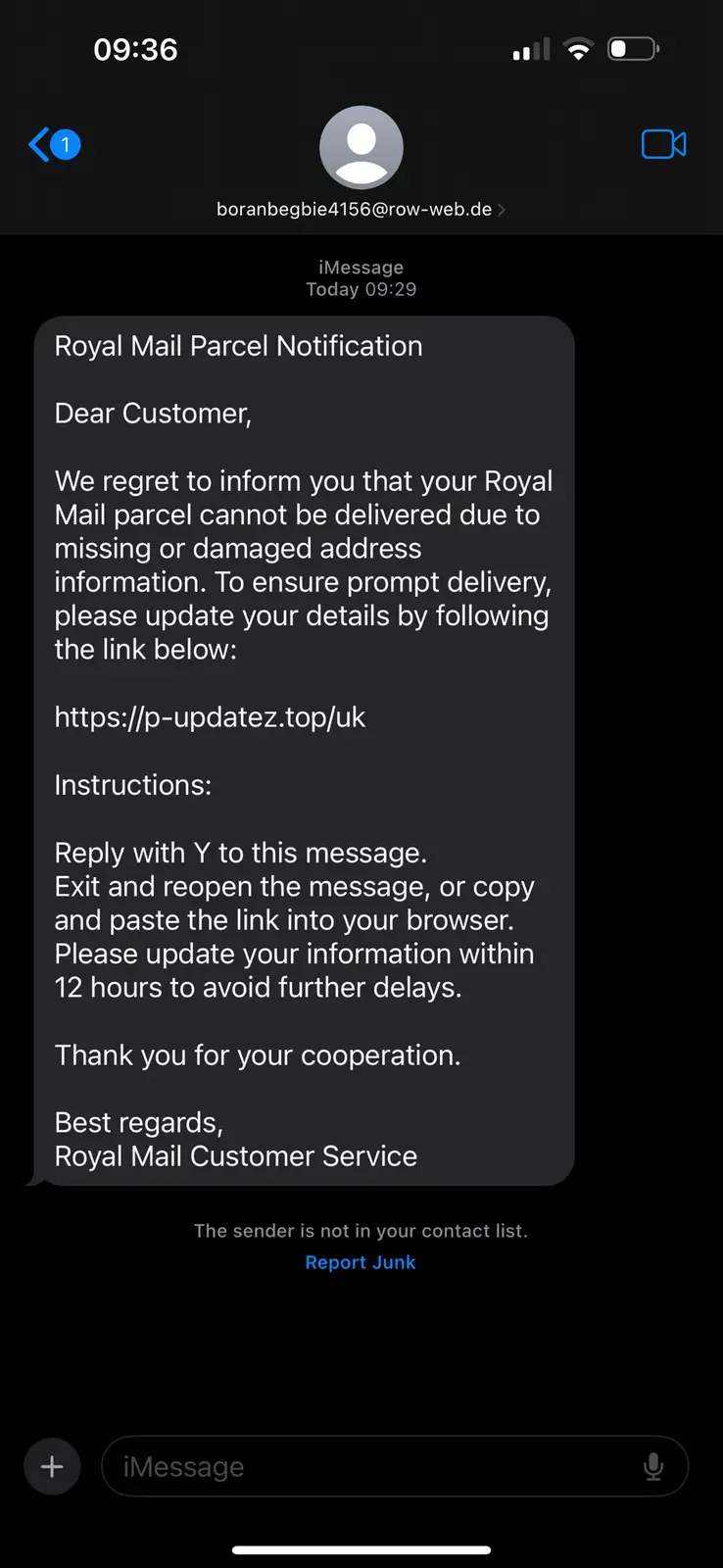 An iMessage screenshot shows a fake Royal Mail notification claiming a parcel can't be delivered due to address issues…