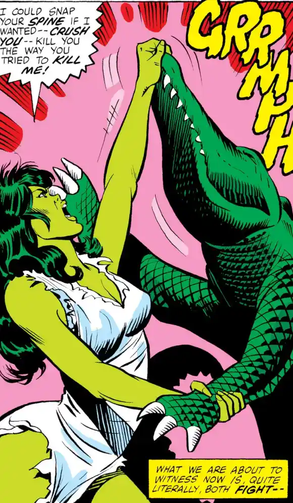 A comic book panel shows a green-skinned woman in a white dress fighting a large green alligator. She is holding the…