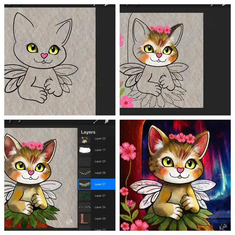 A four-panel image shows the digital drawing process of a cute cartoon cat with fairy wings and a flower crown. The panels…