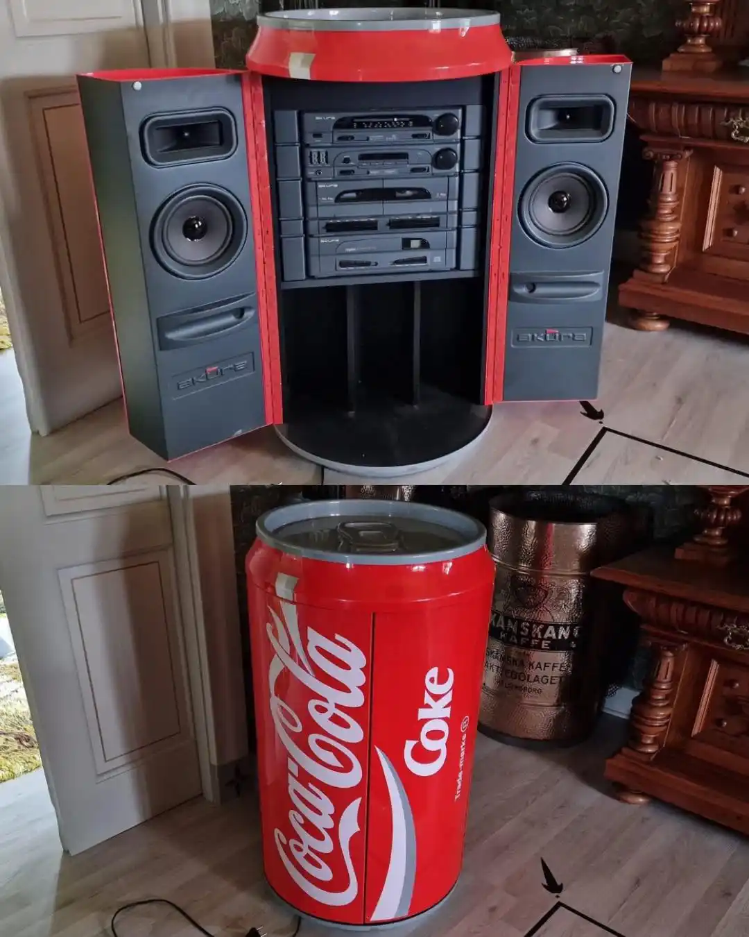 The image shows a large, red, Coca-Cola branded can-shaped speaker system with two grey speakers on either side and a…