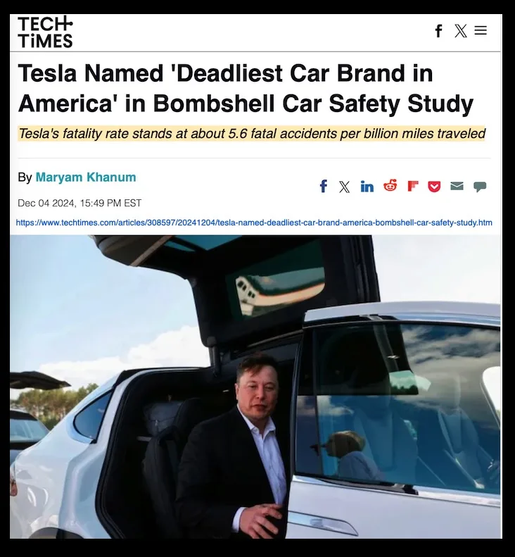 A screenshot of a Tech Times news article with the headline 'Tesla Named 'Deadliest Car Brand in America' in Bombshell Car…