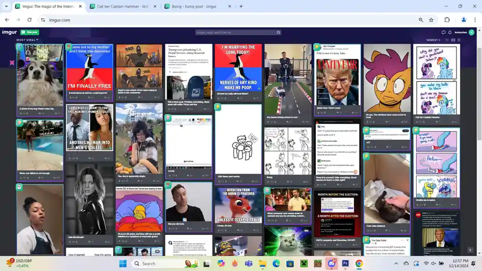 A screenshot of an Imgur webpage displaying a grid of various memes and images, including a highlighted meme featuring a…