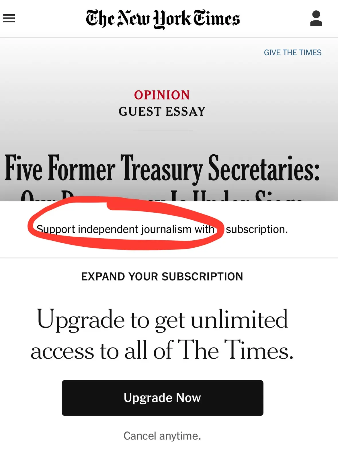 A screenshot of The New York Times mobile app shows a subscription prompt overlaid on an opinion guest essay titled 'Five…