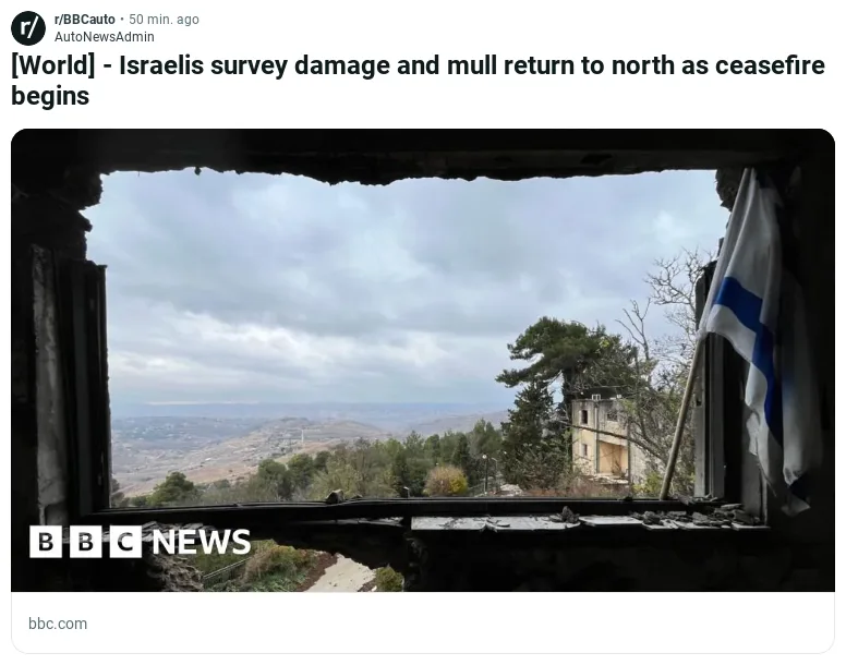 A photograph from BBC News shows a view through a broken window of a damaged building, with an Israeli flag hanging on the…