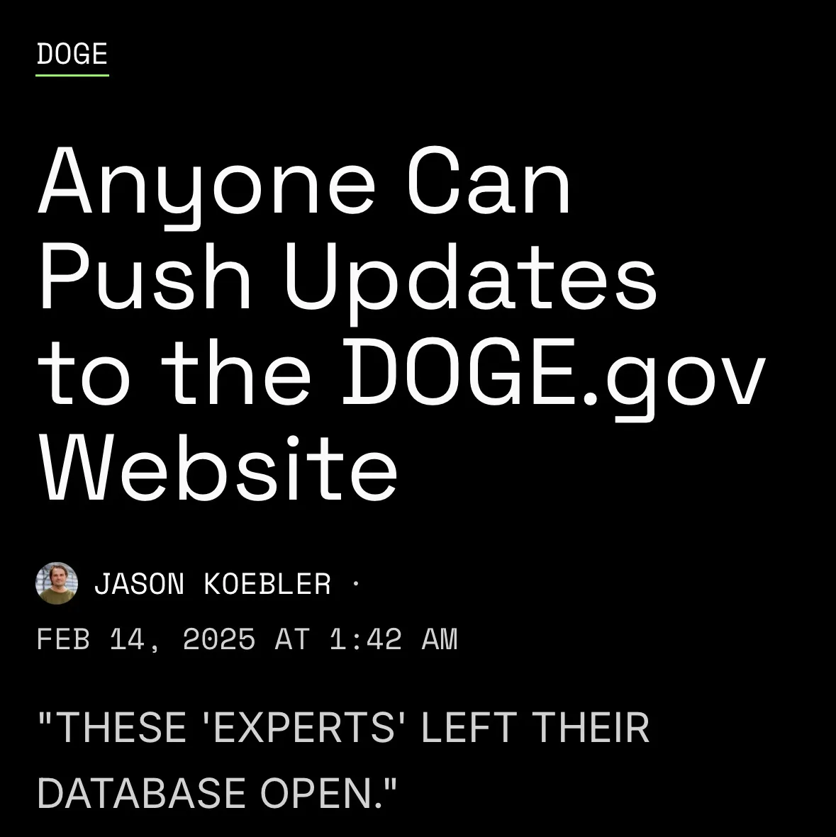 A black-background image mimicking a news article or social media post, featuring the headline 'Anyone Can Push Updates to…