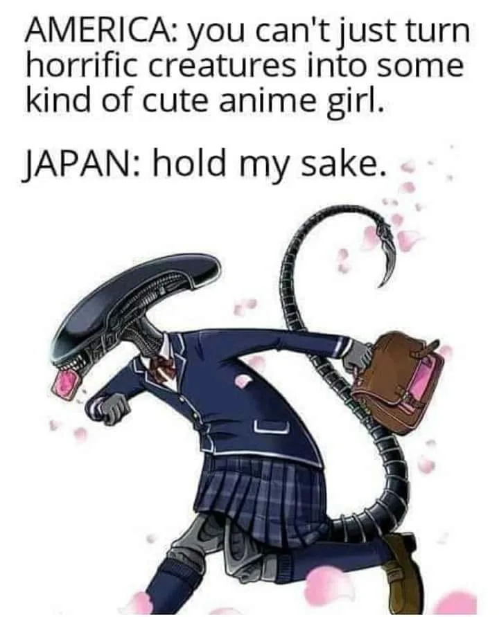 An alien creature with a biomechanical head and tail is depicted in a cute anime schoolgirl outfit, carrying a brown…