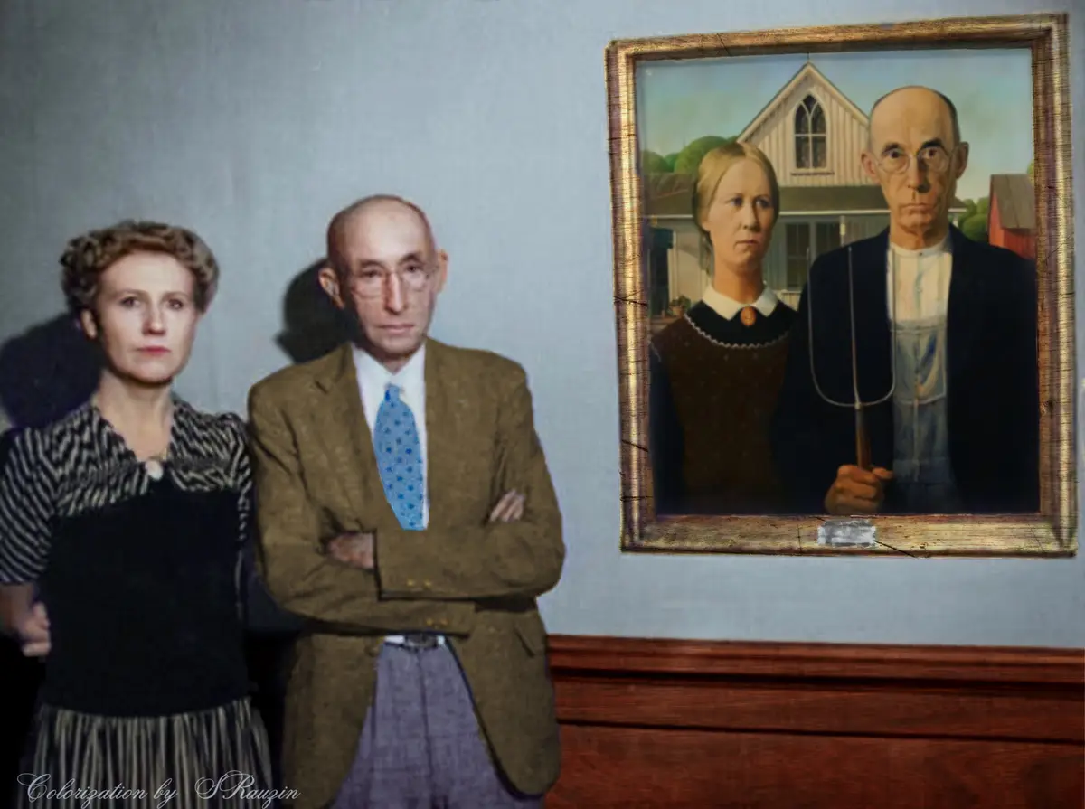 A colorized vintage photo shows a man and woman standing in front of a wall with a framed painting. The painting is Grant…