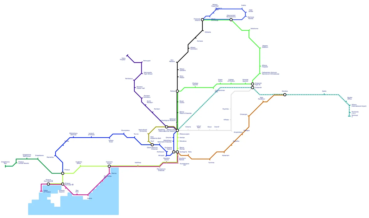 A detailed, colorful map of the Athens Metro system showing multiple lines with station names like 'Syntagma', 'Athens…