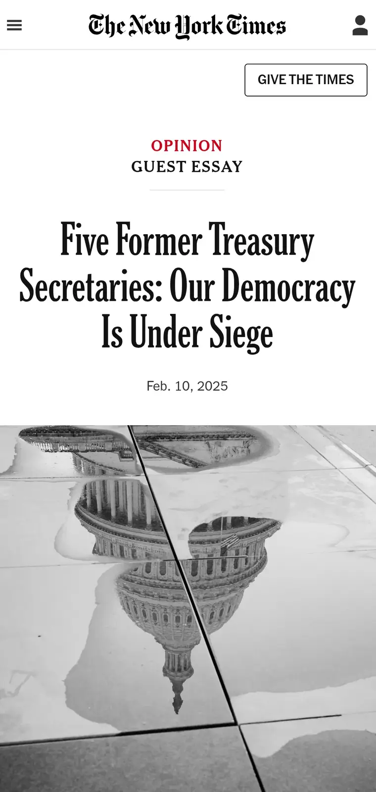 A screenshot of a New York Times opinion page showing a guest essay titled 'Five Former Treasury Secretaries: Our Democracy…