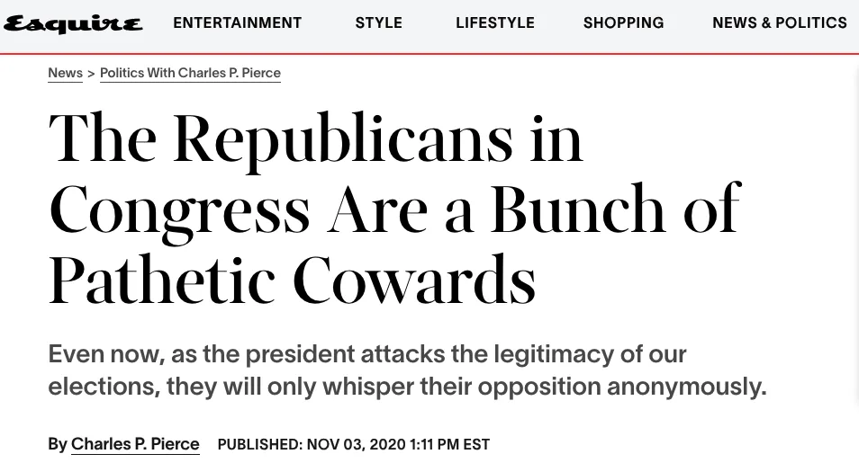 A screenshot of an Esquire article headline reading 'The Republicans in Congress Are a Bunch of Pathetic Cowards' with a…