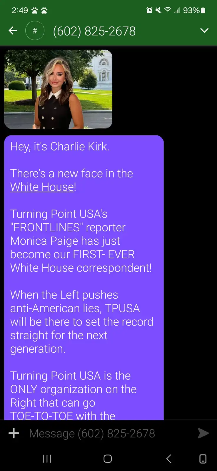 A screenshot of a text message conversation shows a purple message bubble with white text from 'Charlie Kirk' announcing…