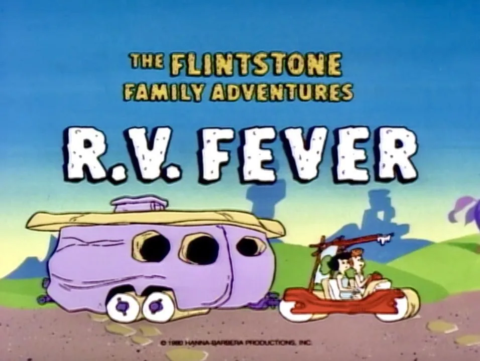 The image shows a title card from 'The Flintstone Family Adventures' episode 'R.V. FEVER'. It features a cartoonish purple…