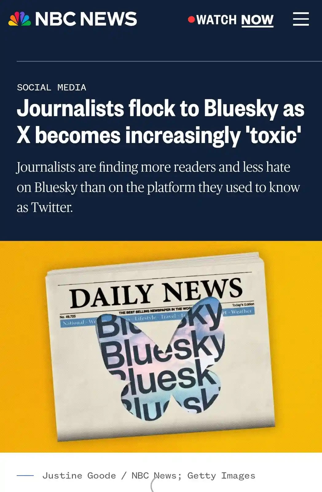 An NBC News article screenshot shows a headline about journalists moving to Bluesky due to X's toxicity, overlaid on an…